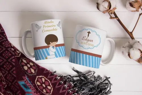 Caneca Primeira Comunhão Eucaristia Crisma Menino com Nome