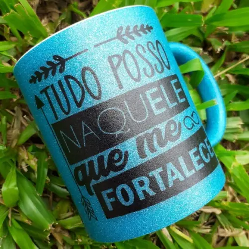Caneca Tudo Posso Naquele Me Fortalece Glitter Azul Bíblica