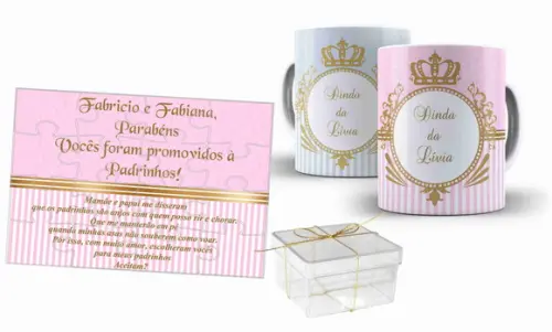 Convite Batismo Padrinhos Kit Quebra Cabeça com 2 Canecas