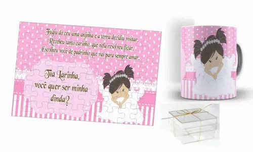 Convite batizado kit quebra cabeça com caneca anjinha poá