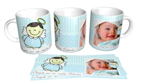 Convite de Batizado Caneca Personalizada com Foto Dindos