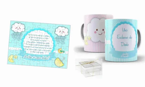 Convite padrinhos batismo chuva de bençãos qbcbç+2caneca boy