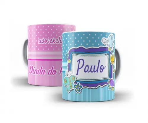 Par Canecas Batizado Dindo ou Dinda Poá Azul ou Rosa