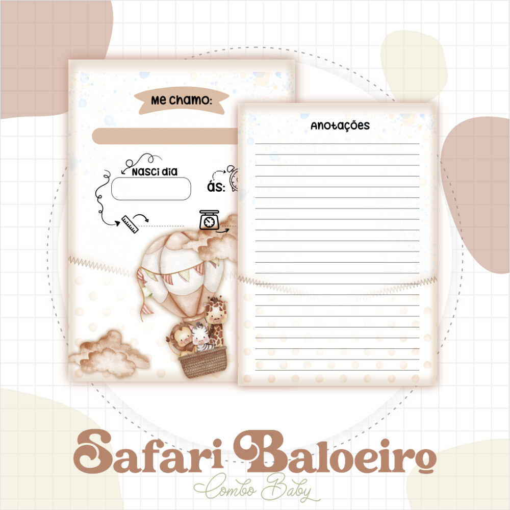 Arquivo de Corte Safari Baloeiro Caderneta e Livro Bebê Pdf/png 