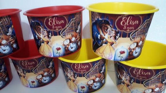 Balde de Pipoca 1,5l Personalizado Tema a Bela e a Fera