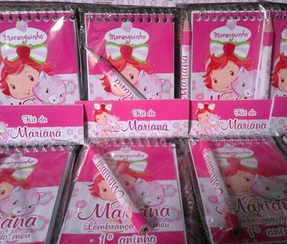 Bloquinho Mini Lápis + Lapela Tema Moranguinho