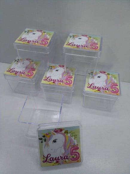 Caixa Acrílica 4x4cm Personalizado Tema Unicórnio