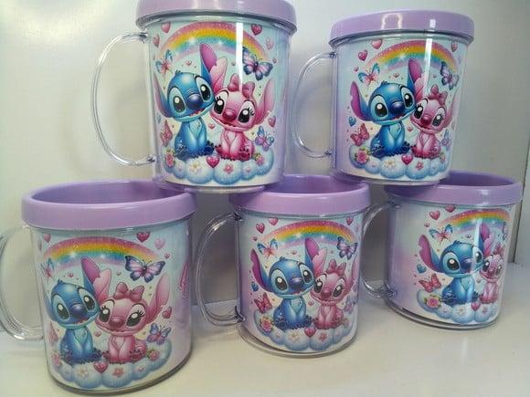 Caneca Acrilica para Foto Tampa de Rosquear Stitch e Angel