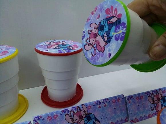Copo Retratil ou Copo Sanfonado Tema Stitch e Angel