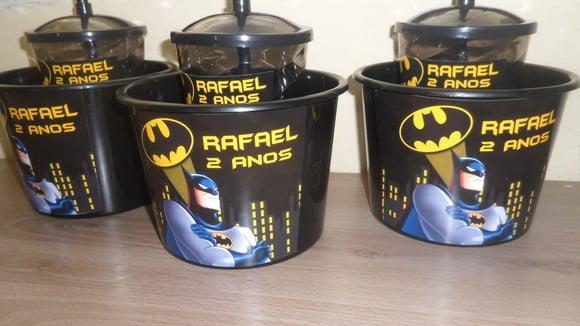 Kit Balde de Pipoca de 1,5 Litro + Copo Tampa Canudo Batman