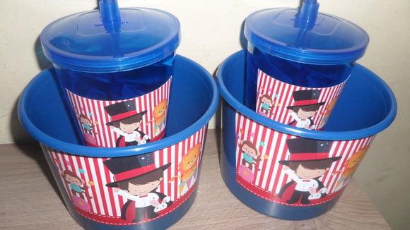 Kit Balde de Pipoca de 1,5 Litro + Copo Tampa e Canudo 500ml