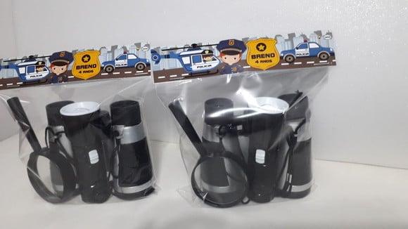 Kit Binoculo Prata + Lanterna + Lupa Tema Policial