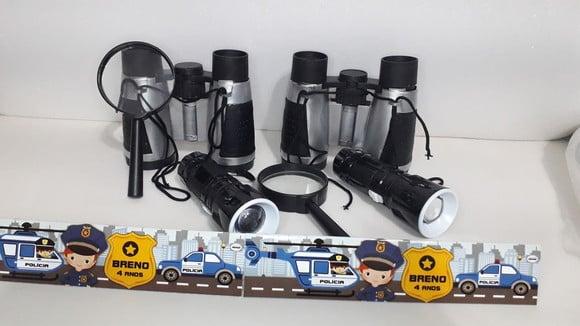 Kit Binoculo Prata + Lanterna + Lupa Tema Policial