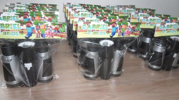 Kit Binoculo Prata + Mini Lanterna Tema Minecraft