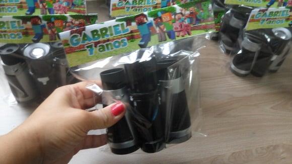 Kit Binoculo Prata + Mini Lanterna Tema Minecraft