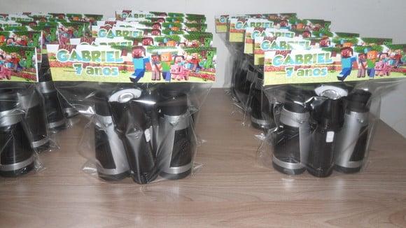 Kit Binoculo Prata + Mini Lanterna Tema Minecraft