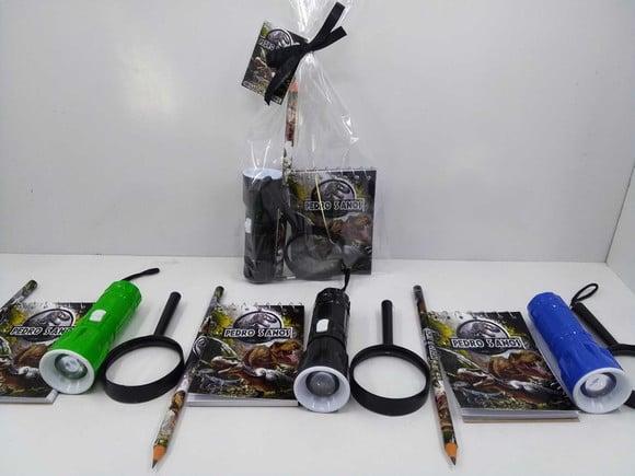 Kit Bloquinho + Mini Lápis + Lanterna + Lupa Dinossauro
