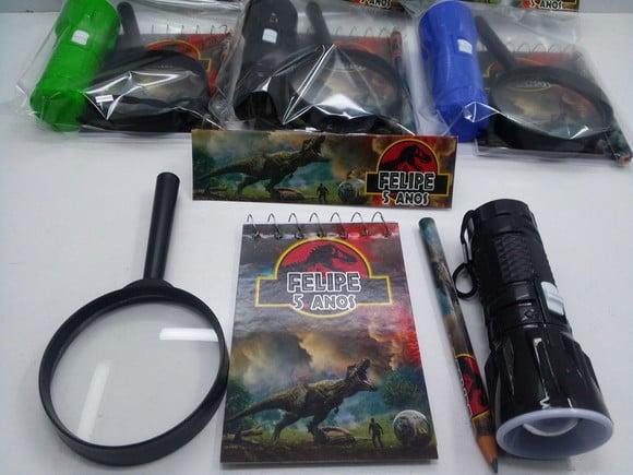 Kit Bloquinho + Mini Lápis + Lanterna + Lupa Dinossauro
