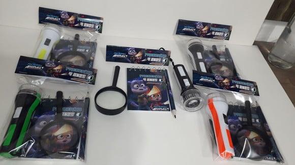 Kit Bloquinho + Mini Lápis+lanterna+lupa Misterios Animais