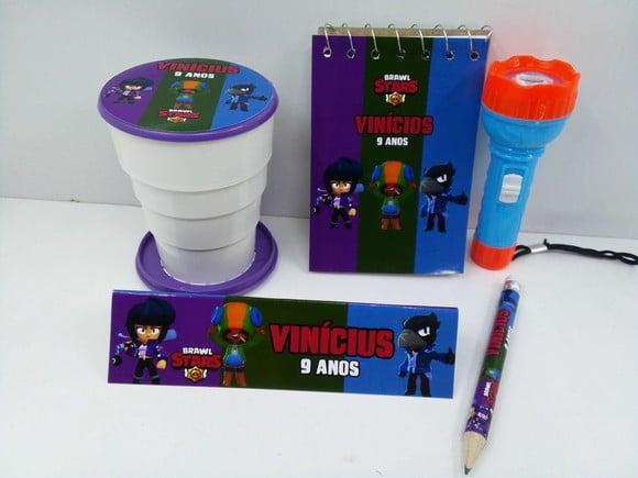 Kit Bloquinho+mini Lápis+lanterna+copo Retrátil Brawl Stars