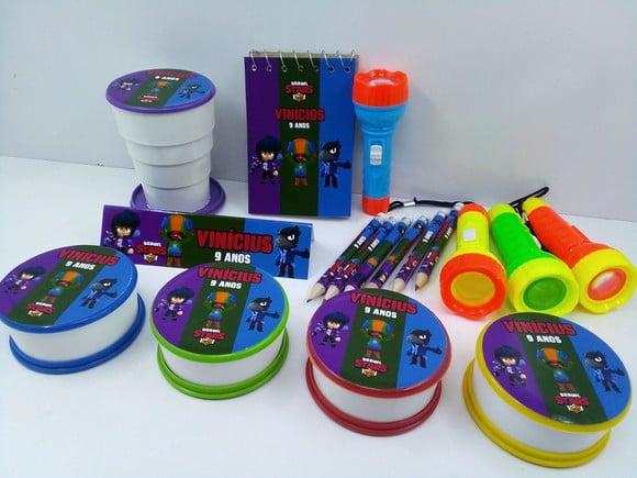 Kit Bloquinho+mini Lápis+lanterna+copo Retrátil Brawl Stars