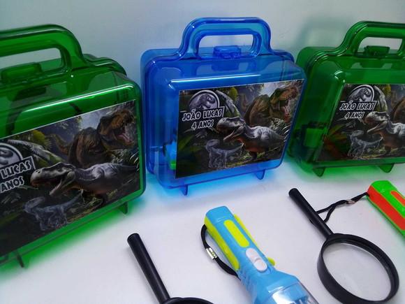 Kit Maletinha Acrilica Lanterna e Lupa Tema Dinossauros