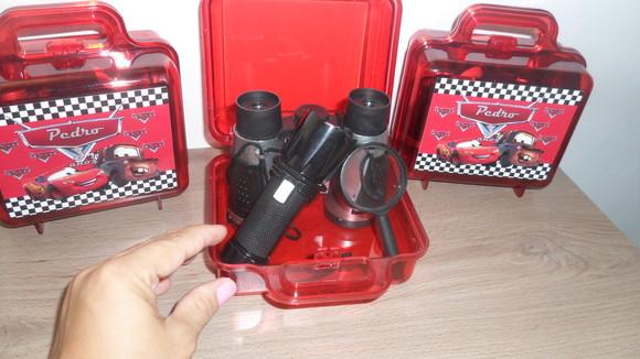Kit Maletinha Binoculo Prata + Lupa + Lanterna Carrros