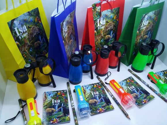 Kit Sacolinha+binoculo+lanterna+lupa+bloquinho+ Lápis
