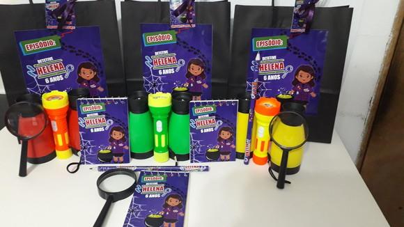 Kit Sacolinha+binoculo+lanterna+lupa+bloquinho+ Lápis