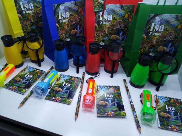 Kit Sacolinha+binoculo+lanterna+lupa+bloquinho+ Lápis