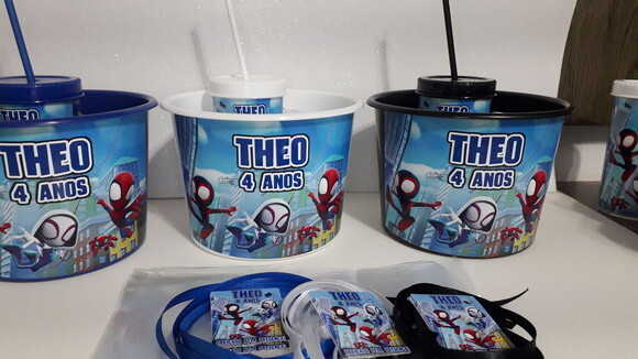 Lembrancinha Spider e Seus Amigos Kit Balde de Pipoca 1,5l+ Canec