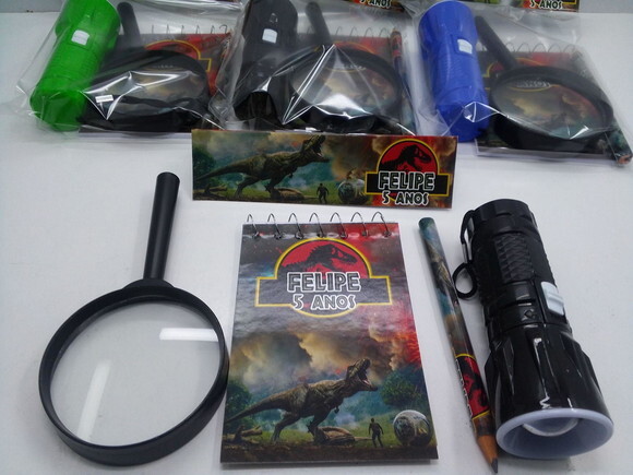 Kit Bloquinho + Mini Lápis + Lanterna + Lupa Dinossauro