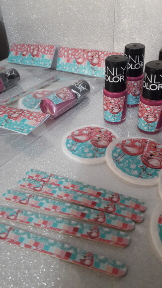 Kit Esmalte + Lixa + Algodão Redobdo Tema Flamingo
