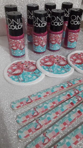 Kit Esmalte + Lixa + Algodão Redobdo Tema Flamingo