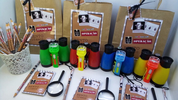 Kit Sacolinha+binoculo+lanterna+lupa+bloquinho+ Lápis
