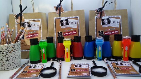 Kit Sacolinha+binoculo+lanterna+lupa+bloquinho+ Lápis