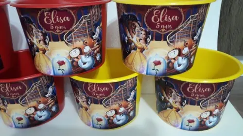 Balde de Pipoca 1,5l Personalizado Tema a Bela e a Fera