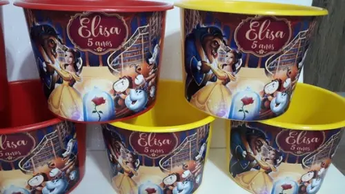 Balde de Pipoca 1,5l Personalizado Tema a Bela e a Fera