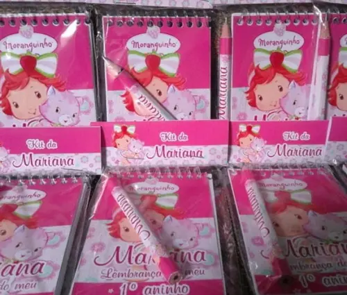Bloquinho Mini Lápis + Lapela Tema Moranguinho