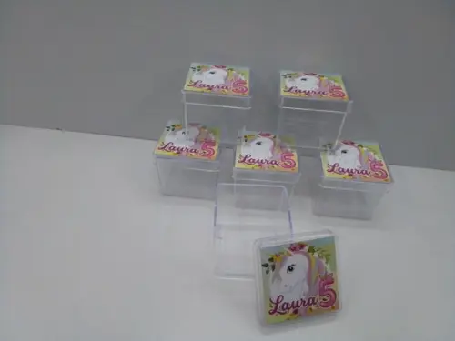 Caixa Acrílica 4x4cm Personalizado Tema Unicórnio
