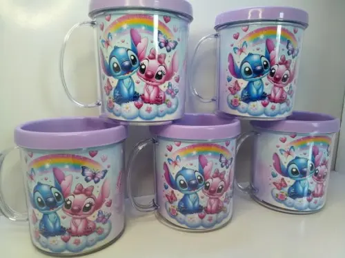 Caneca Acrilica para Foto Tampa de Rosquear Stitch e Angel