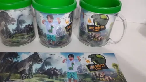 Caneca Acrilica para Foto Tampa de Rosquear Tema Dinossauro