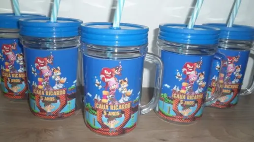 Caneca com Tampa e Canudo 400ml Tema Sonic