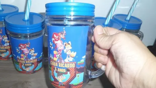 Caneca com Tampa e Canudo 400ml Tema Sonic