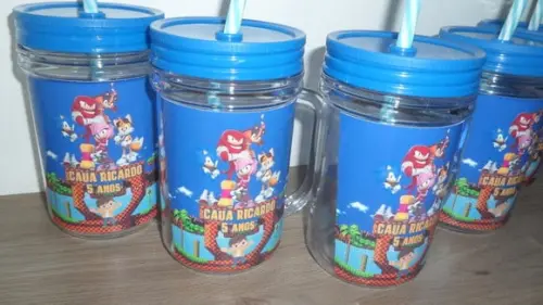 Caneca com Tampa e Canudo 400ml Tema Sonic