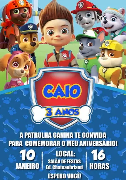 Convite Virtual para Enviar Watts App Tema Patrulha Canina
