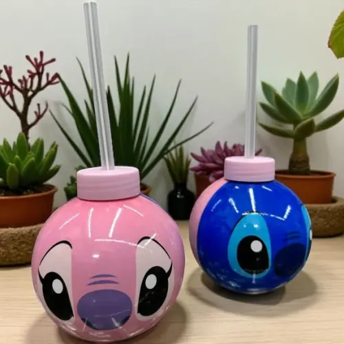 Copo Redondo Stitch e Angel com Canudo e Tampa Rosa 450ml