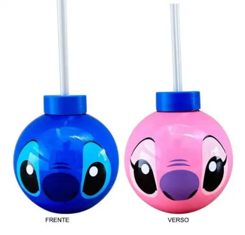 Copo Redondo Stitch e Angel com Canudo e Tampa Rosa 450ml
