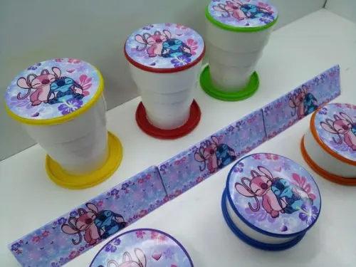 Copo Retratil ou Copo Sanfonado Tema Stitch e Angel