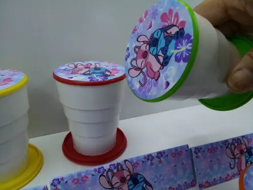 Copo Retratil ou Copo Sanfonado Tema Stitch e Angel